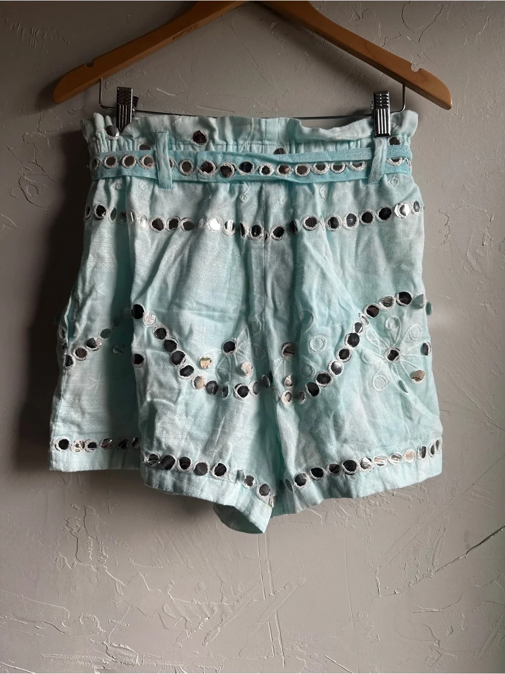 Juliet Dunn London‎ Aqua Mirror Embellished Shorts Boho Resort Luxe Beach Sz M
